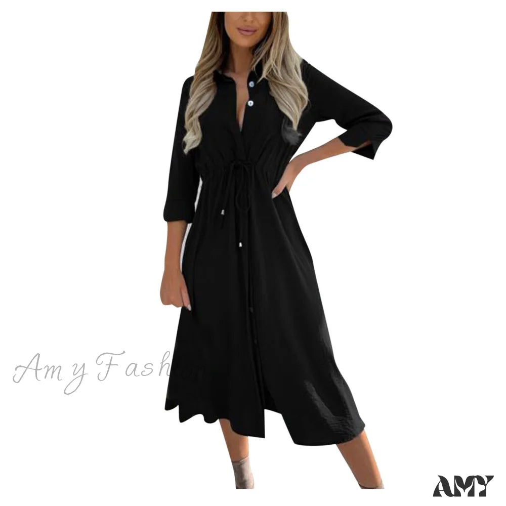 Amy Fashion - Pure Color Elegant Button Lace Up Midi Dress Black / S