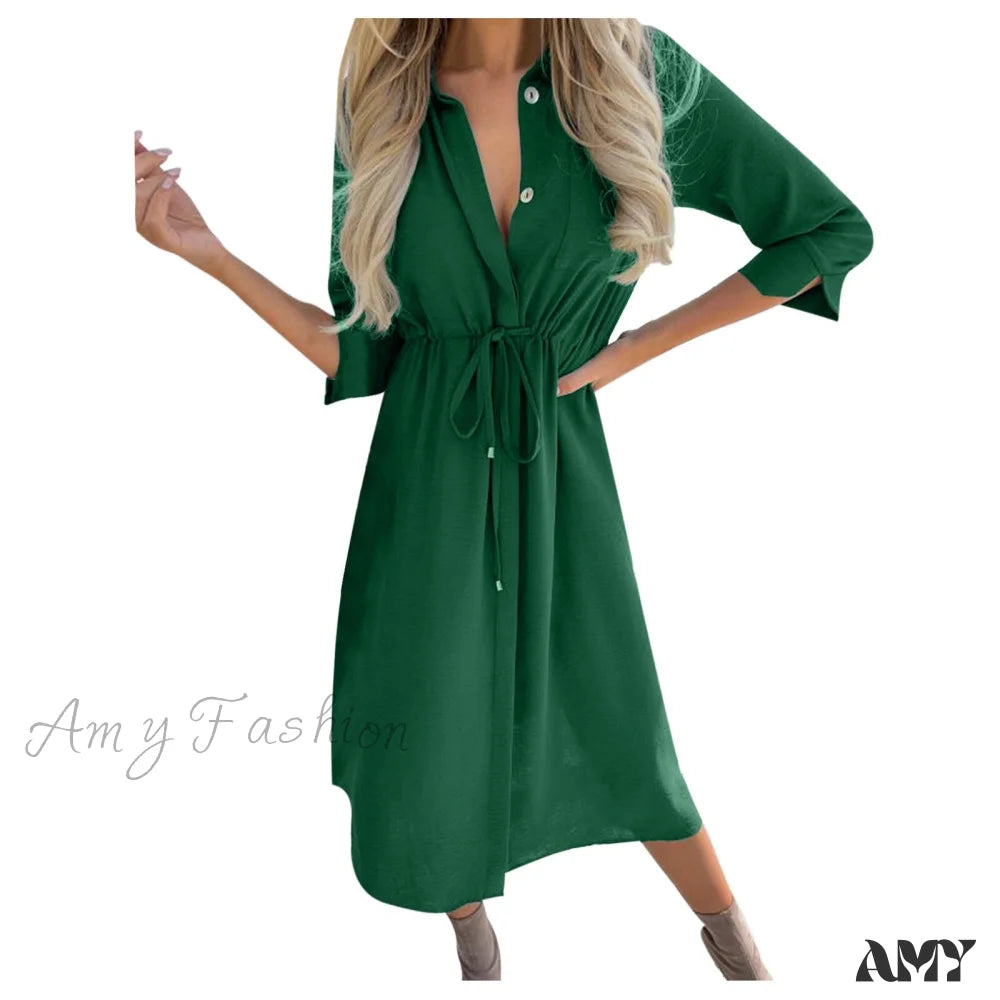 Amy Fashion - Pure Color Elegant Button Lace Up Midi Dress Green / S