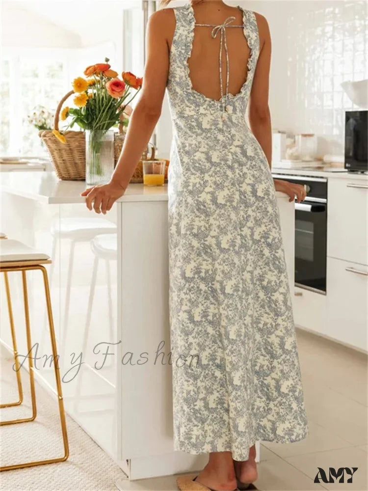 Amy Fashion - Retro Women Floral Print Sleeveless V Neck Front Lace-Up High Split Spring Summer