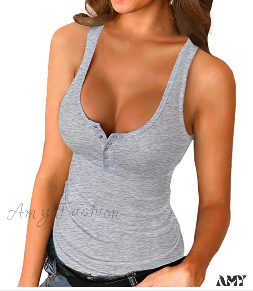 Amy Fashion - Ribbed Knitting Button U-Neck Sleeveless Tank Top