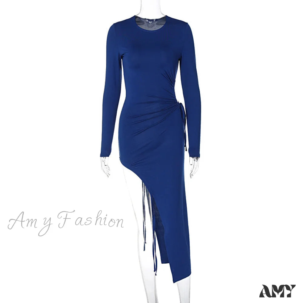 Amy Fashion - Ruched Sexy Hollow Out O-Neck Side Slit Bodycon Dresses