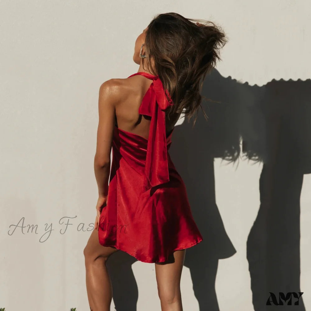 Amy Fashion - Satin Sexy Backless Bandage Bodycon Dresses