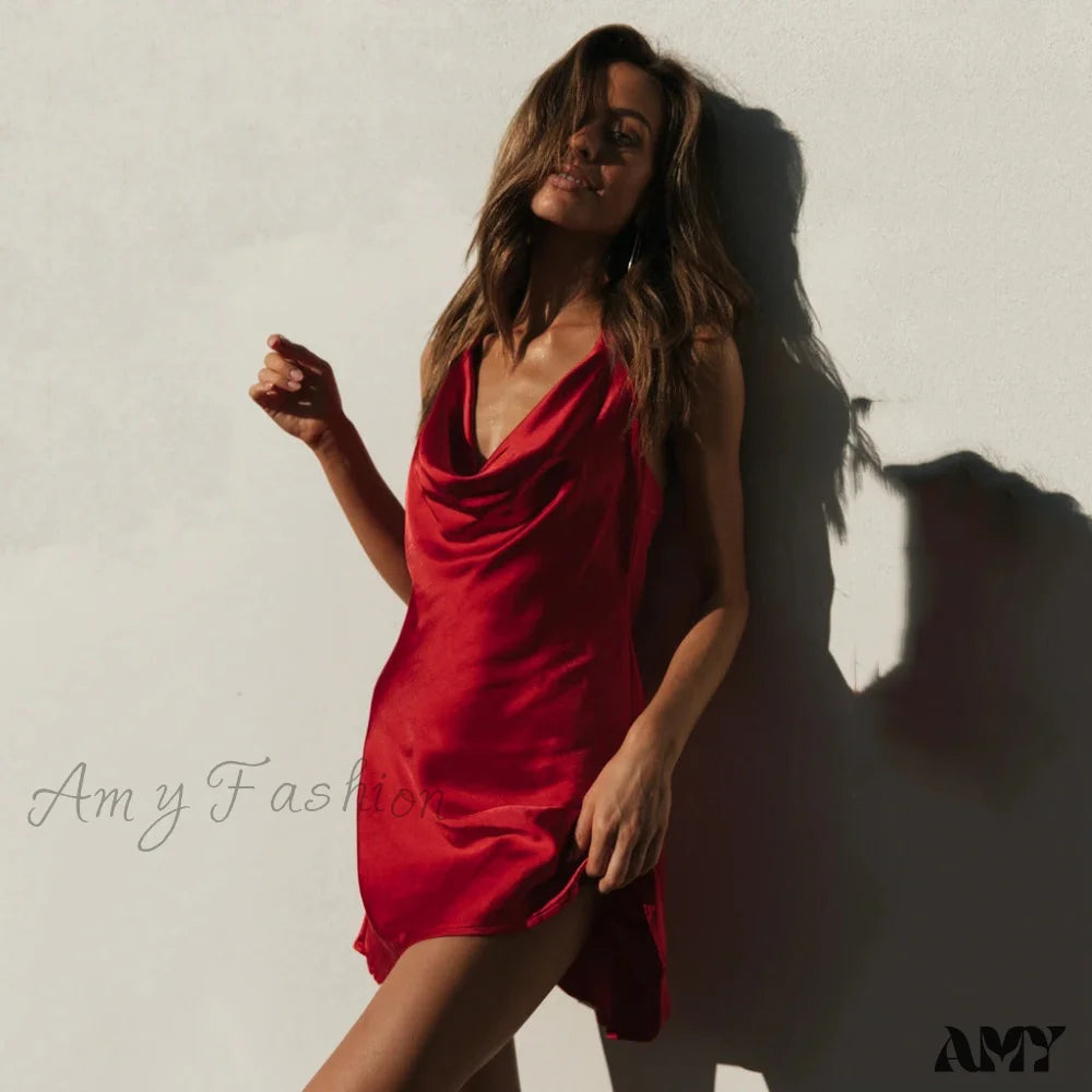 Amy Fashion - Satin Sexy Backless Bandage Bodycon Dresses