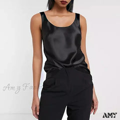 Amy Fashion - Satin Sleeveless Basic Tank Top Black / S