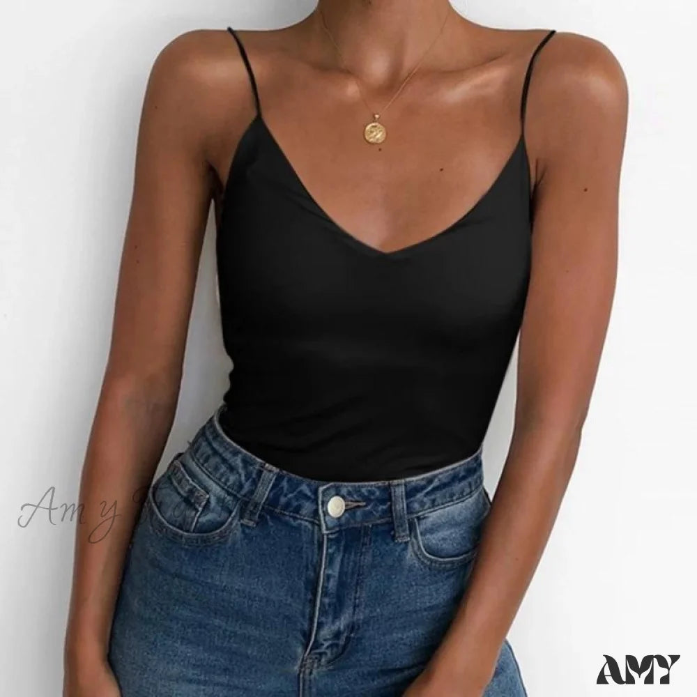 Amy Fashion - Satin Thin Solid Camis Black / S