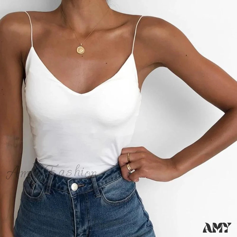 Amy Fashion - Satin Thin Solid Camis White / S