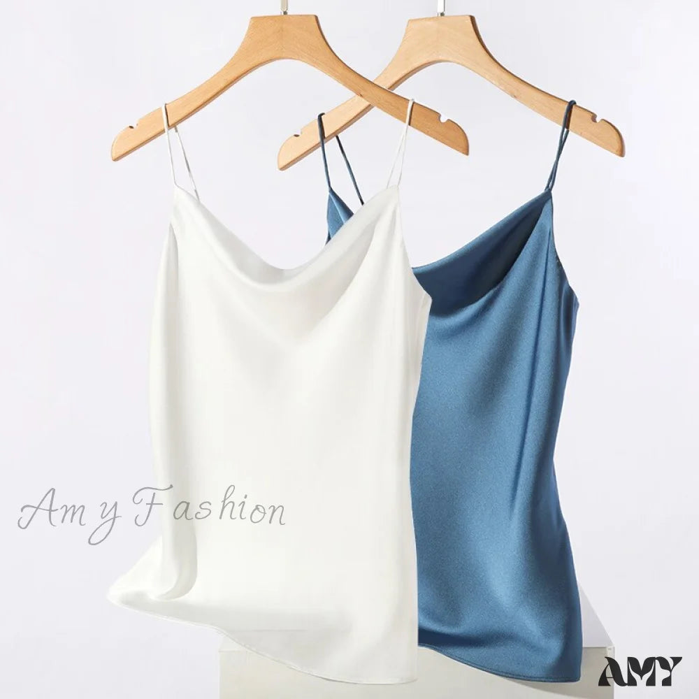 Amy Fashion - Satin Thin Wild Solid Camis White Blue 2 Pcs / S