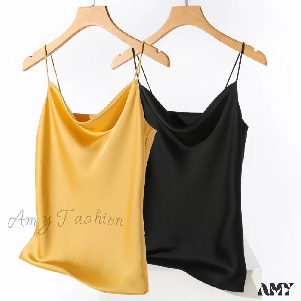 Amy Fashion - Satin Thin Wild Solid Camis Yellow Black 2 Pcs / S