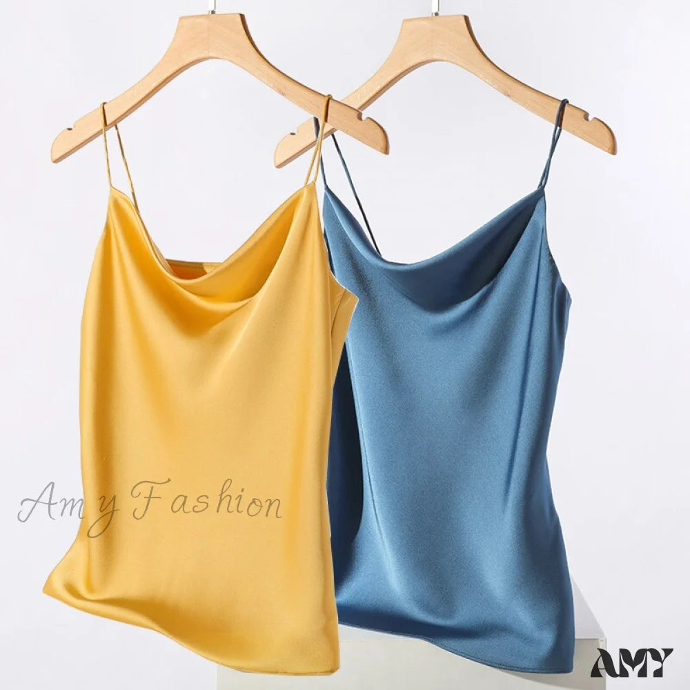 Amy Fashion - Satin Thin Wild Solid Camis Yellow Blue 2 Pcs / S
