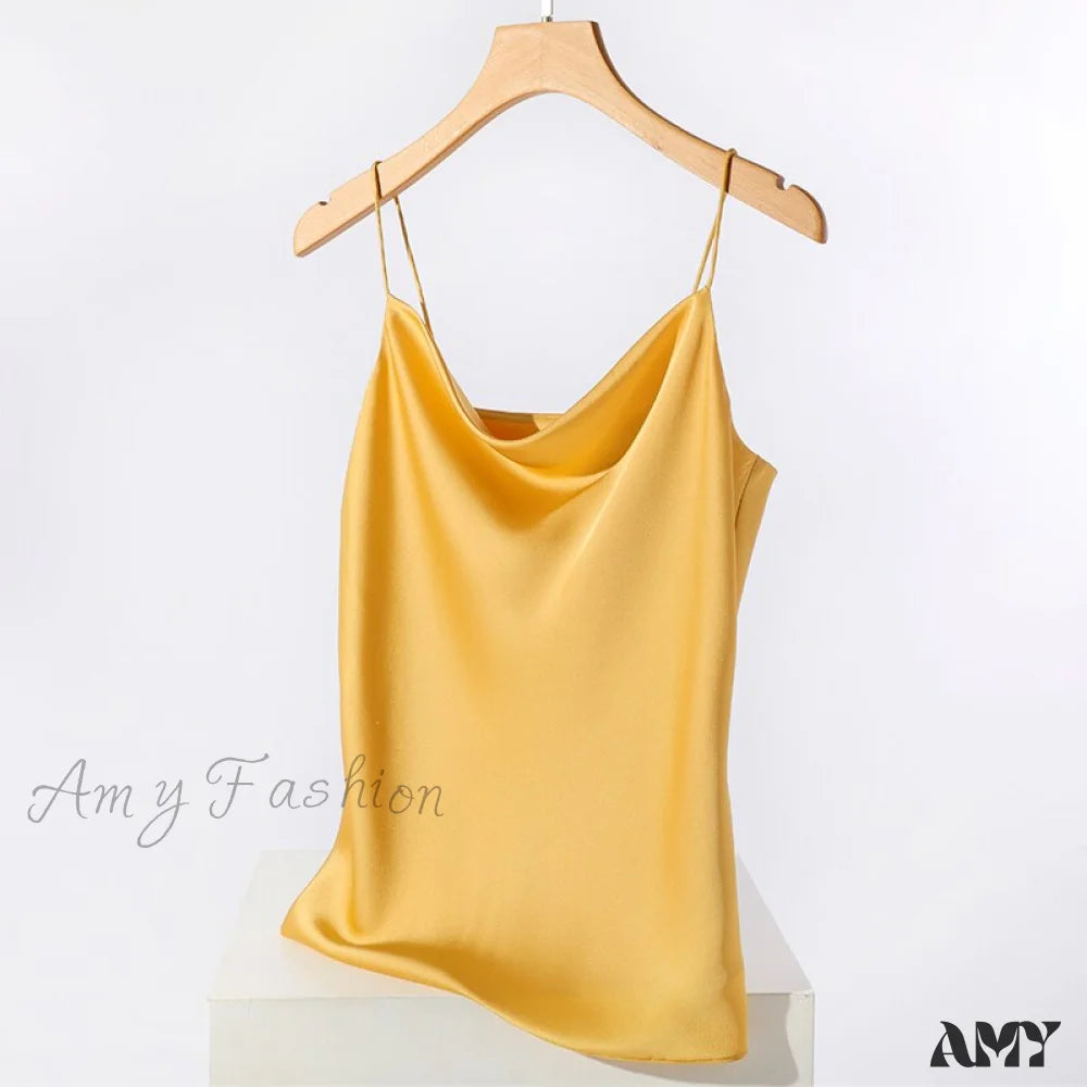 Amy Fashion - Satin Thin Wild Solid Camis Yellow / S
