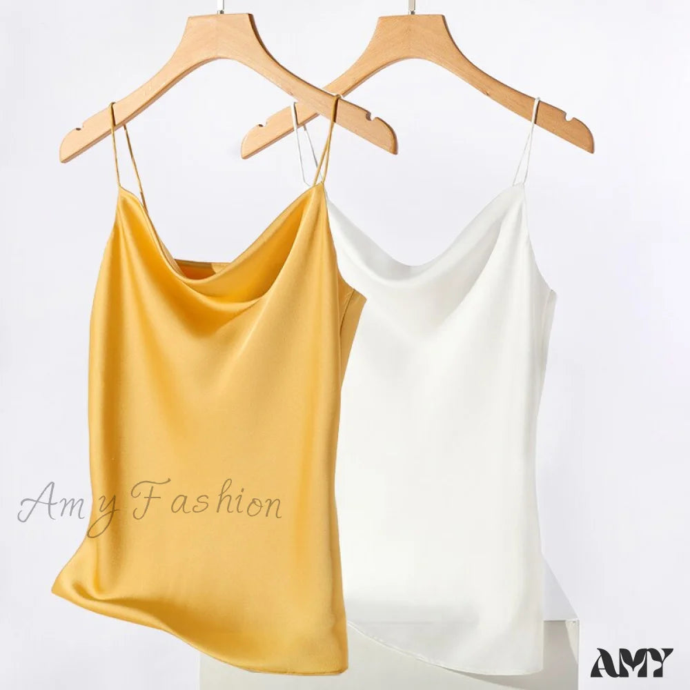 Amy Fashion - Satin Thin Wild Solid Camis Yellow White 2 Pcs / S