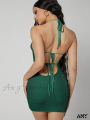 Amy Fashion - Sequins Surface V-Neck Sleeveless Halter Straps Dress