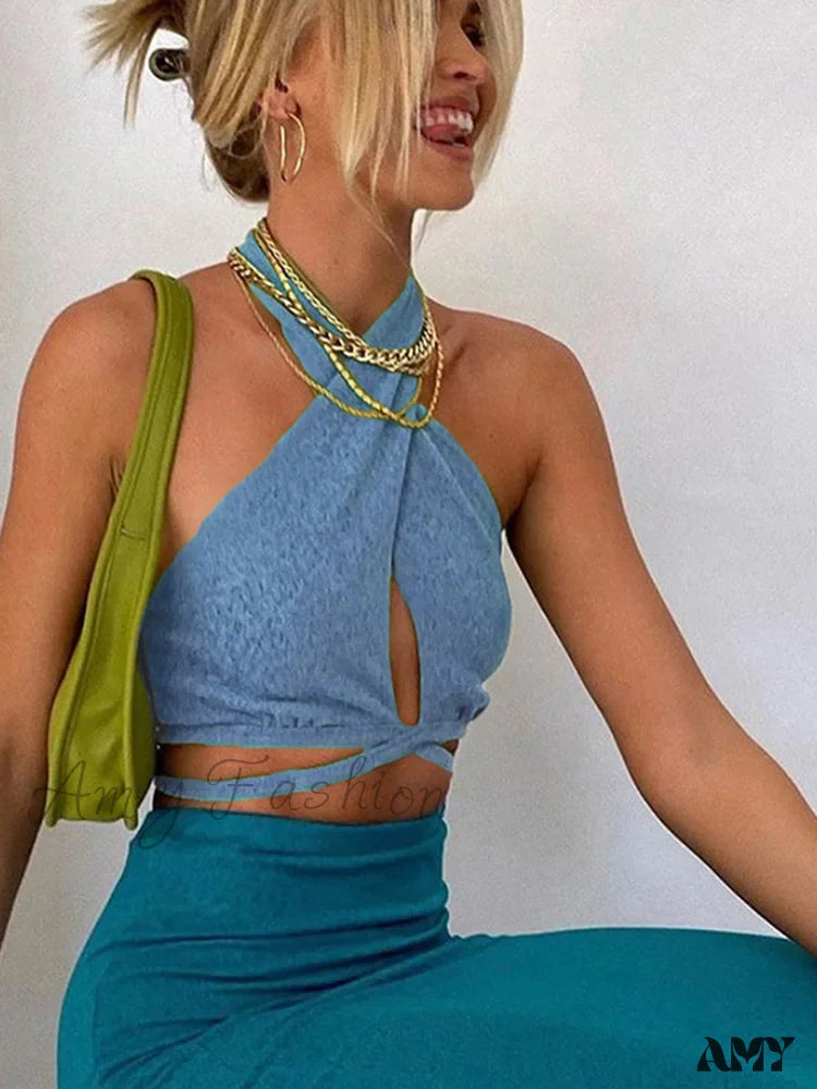 Amy Fashion - Sexy Green Bandage Halter Backless Club Party Crop Top