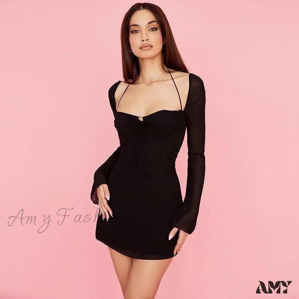 Amy Fashion - Sexy Hollow Out Long Sleeve Elegant Bodycon Dresses Black / S