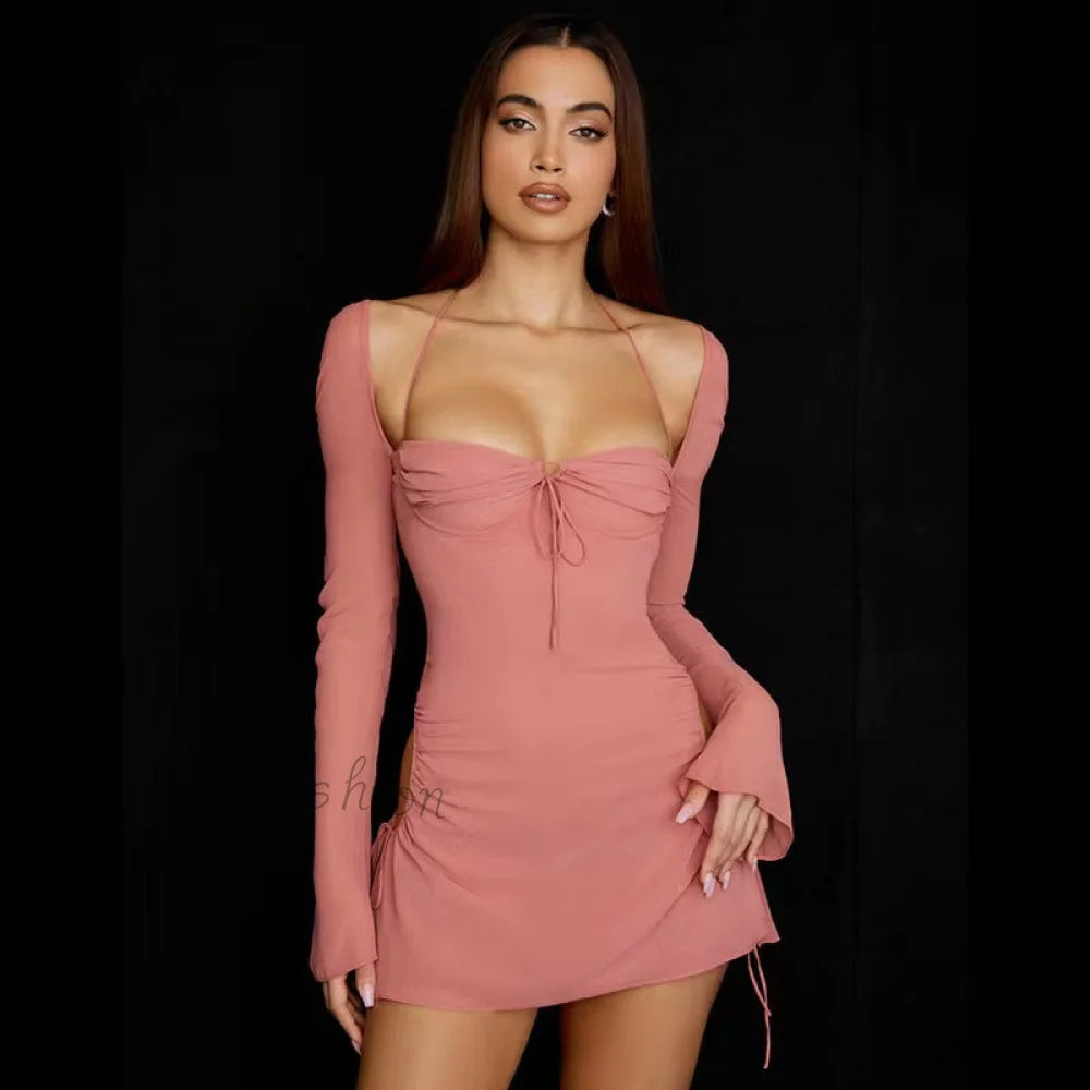 Amy Fashion - Sexy Hollow Out Long Sleeve Elegant Bodycon Dresses Pink / S