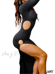 Amy Fashion - Sexy Women High Split Sleeve Neck Solid Evening Side Cutout Bodycon Female Vestidos