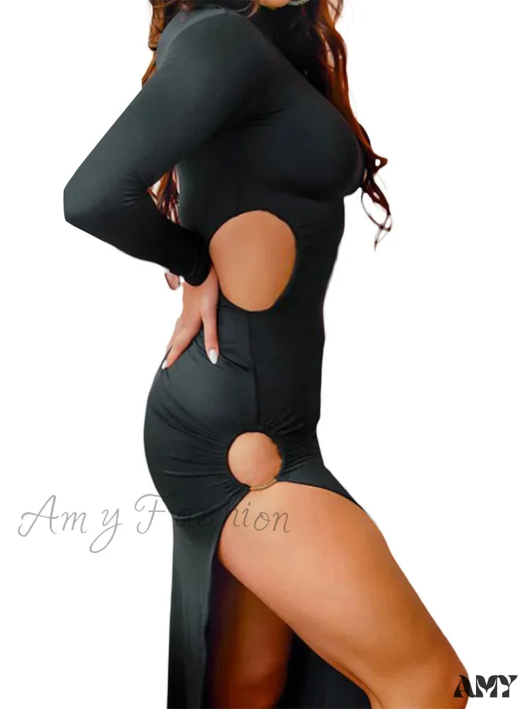 Amy Fashion - Sexy Women High Split Sleeve Neck Solid Evening Side Cutout Bodycon Female Vestidos