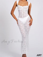 Amy Fashion - Sexy Women Lace Floral Sling Mesh See-Through Sleeveless Strap Low Cut Summer