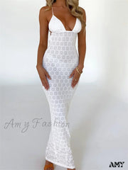 Amy Fashion - Sexy Women Mesh Sheer See Through Lace Patchwork Backless Deep V-Neck Slim Fit Party