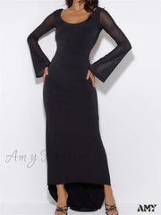 Amy Fashion - Sexy Women Mesh Sleeve Backless Ruched Lace-Up Solid Color Party Female Irregular Hem