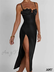 Amy Fashion - Sexy Women Ruched Lace Low Cut Sleeveless Spaghetti Strap High Split Evening Front