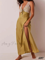 Amy Fashion - Sexy Women Side High Split Sleeveless Deep V-Neck Backless Summer Lace Trim Cocktail