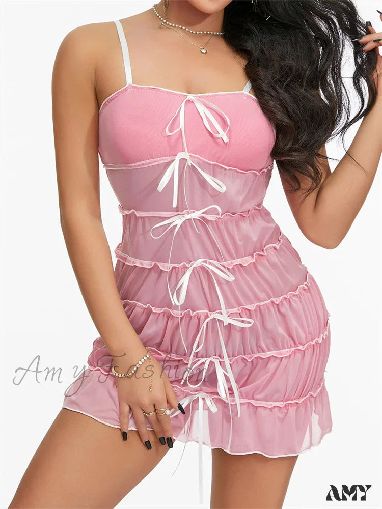 Amy Fashion - Sexy Women Sleeveless Casual Sling Spaghetti Strap See Through Tie-Up Y2K Party