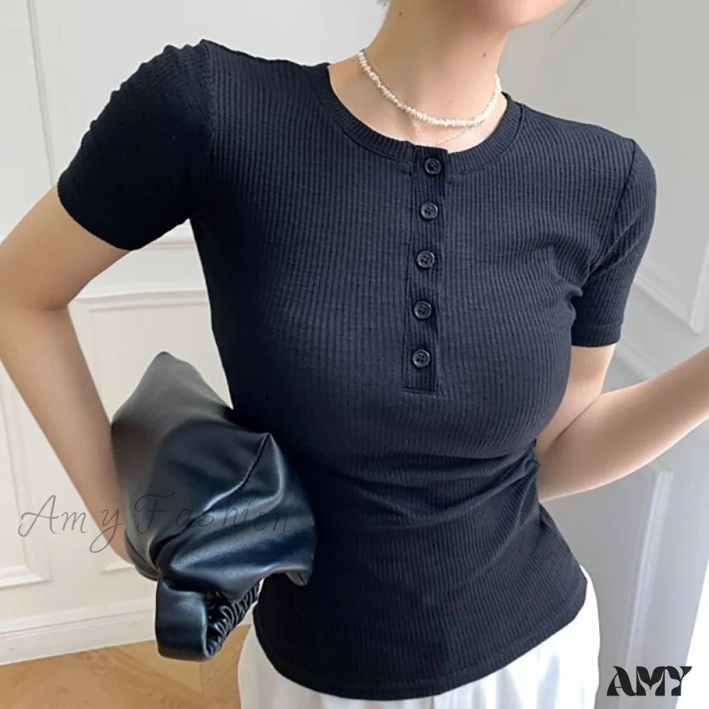 Amy Fashion - Short Sleeve Cotton Tee Shirt Black / S