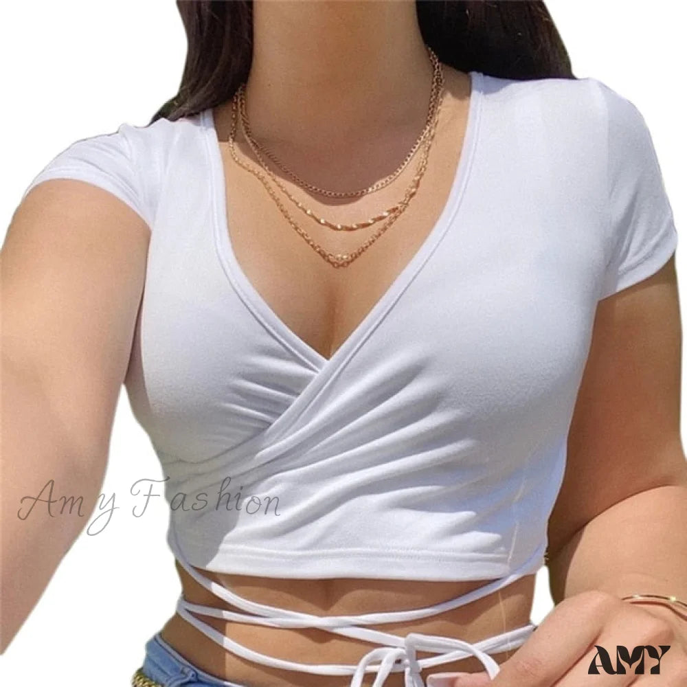 Amy Fashion - Short Sleeve Crop Tops White / S