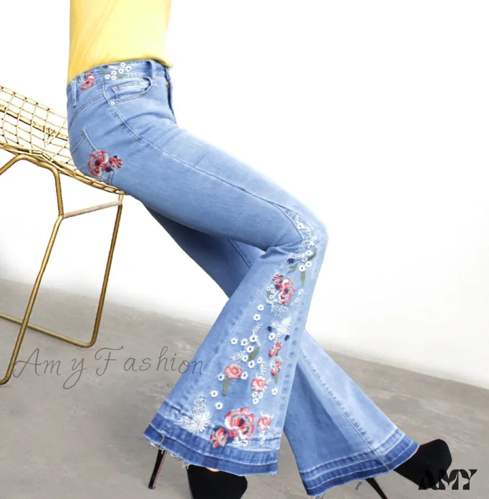Amy Fashion - Size S-3Xl Elastic Embroidery Flare Blue Vintage Bell Bottom Skinny Wide Leg Denim
