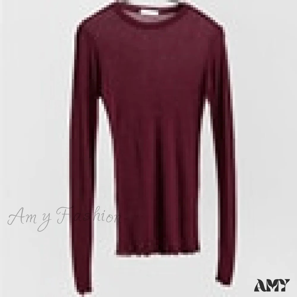 Amy Fashion - Slim High Quality Plain T Shirt Burgundy / One Size