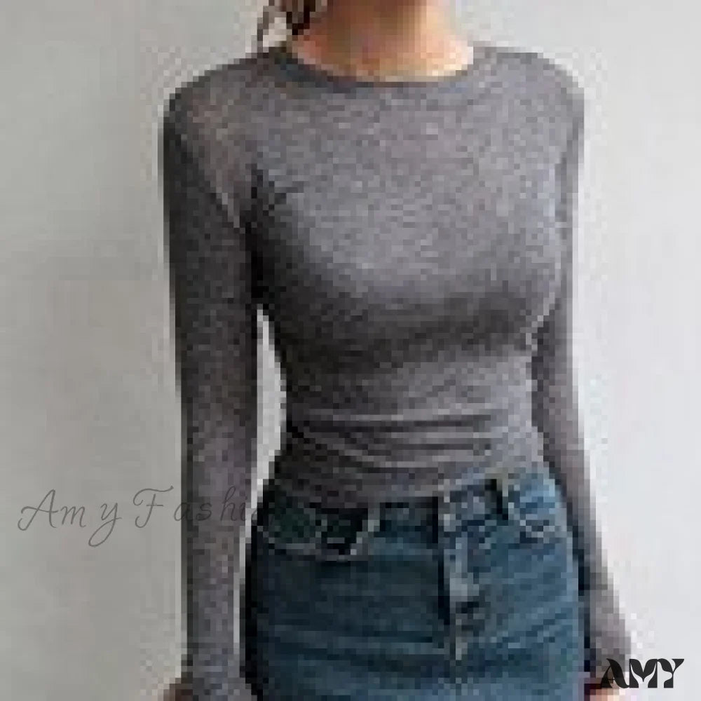 Amy Fashion - Slim High Quality Plain T Shirt Gray / One Size