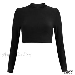 Amy Fashion - Slim Long Sleeve Cropped Navel Black T-Shirt Long Sleeve / S