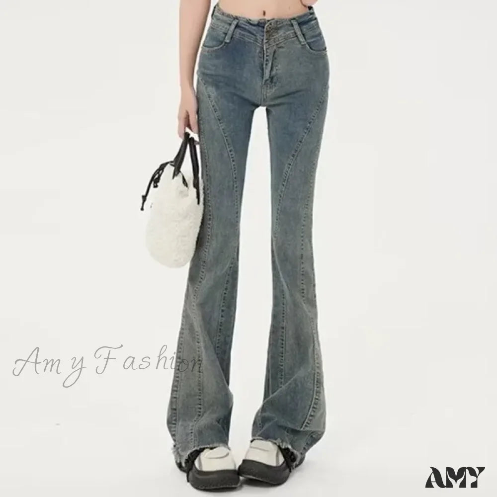 Amy Fashion - Small American Retro Micro Flared High Waisted Slim Versatile Floor Mop Jean Blue / Xs