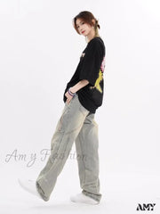 Amy Fashion - Small High Street Distressed Trendy Brand Washed Vintage Versatile Loose Wide Leg