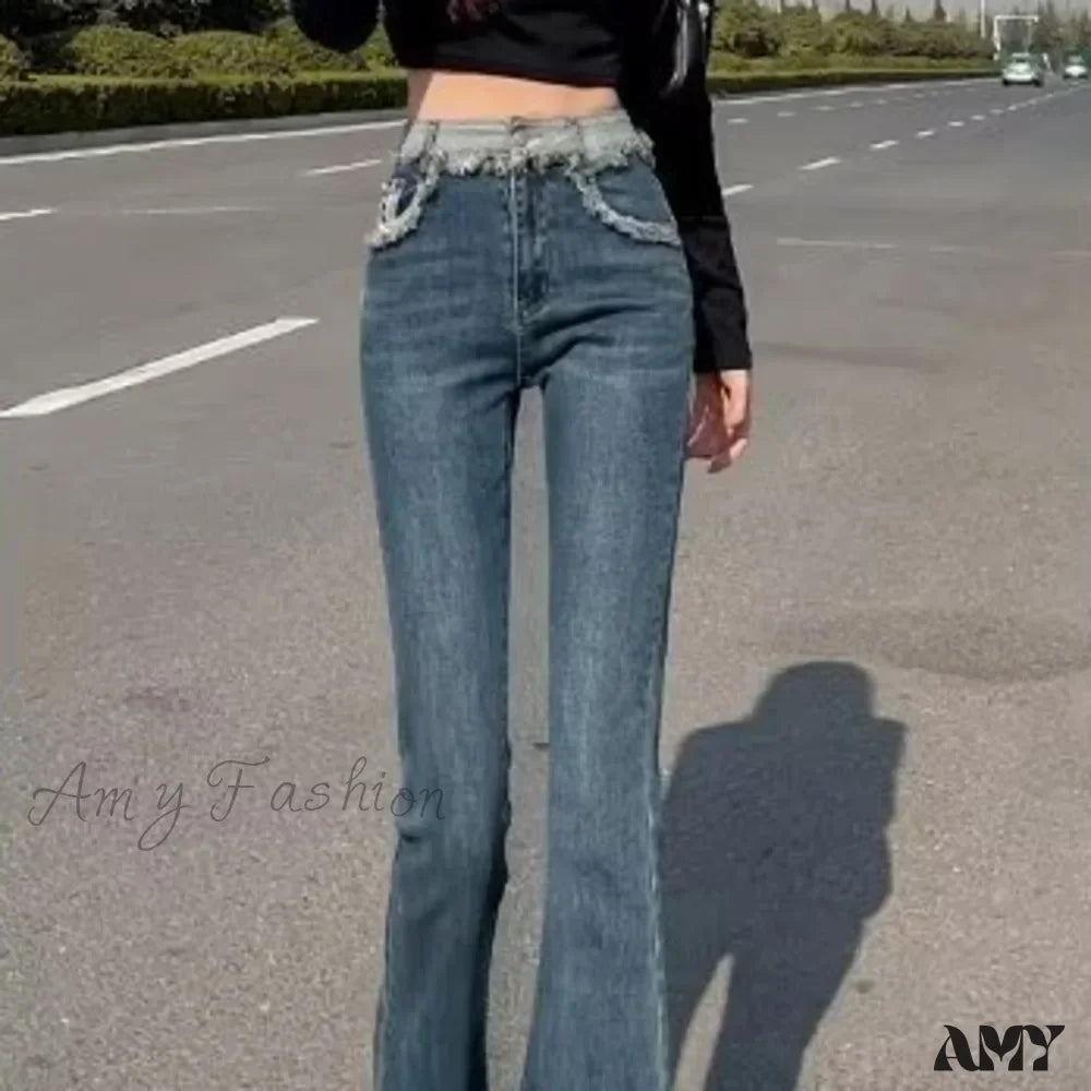 Amy Fashion - Spring And Autumn New Vintage Blue Tassel Elastic Horseshoe Rugged Edge Jean