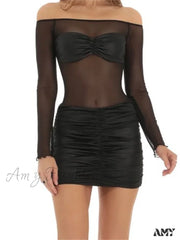 Amy Fashion - Spring Summer Mesh Sheer Patchwork Slash Neck Off Mini Dress
