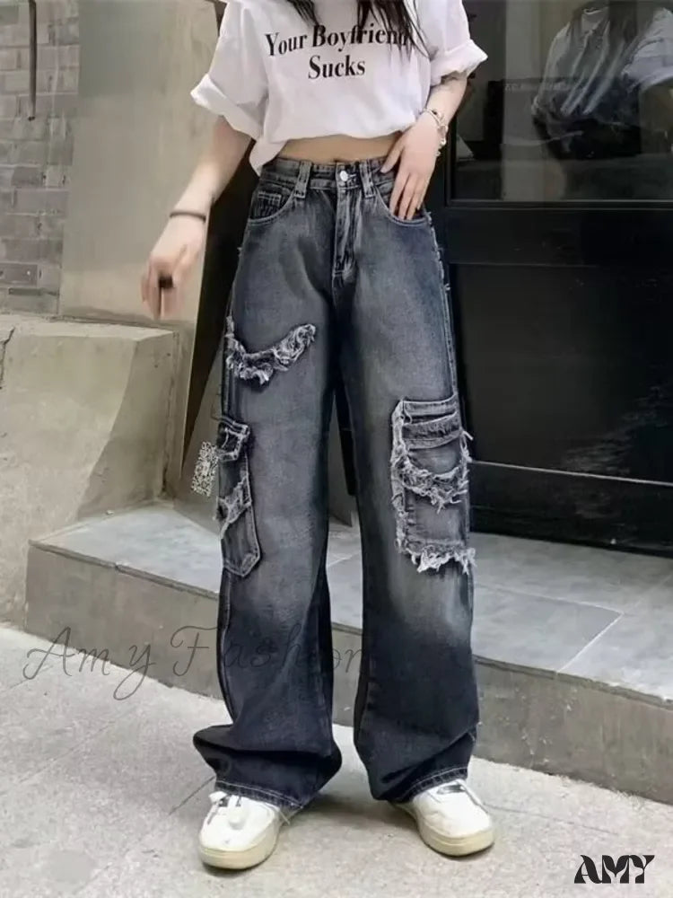 Amy Fashion - Summer Vintage Washed And Worn Out Versatile Straight Drop High Waist Wide Leg
