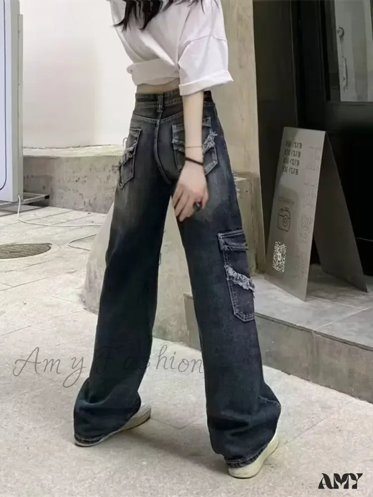 Amy Fashion - Summer Vintage Washed And Worn Out Versatile Straight Drop High Waist Wide Leg