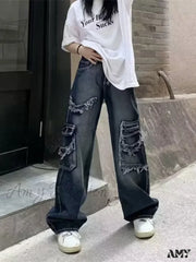 Amy Fashion - Summer Vintage Washed And Worn Out Versatile Straight Drop High Waist Wide Leg