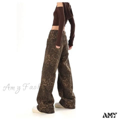 Amy Fashion - Trendy Autumnal American Retro Leopard Print Niche Design Casual Straight Wide-Leg