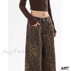 Amy Fashion - Trendy Autumnal American Retro Leopard Print Niche Design Casual Straight Wide-Leg
