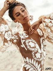 Amy Fashion - Robe bohème sexy d'été décontractée à manches longues et col en V