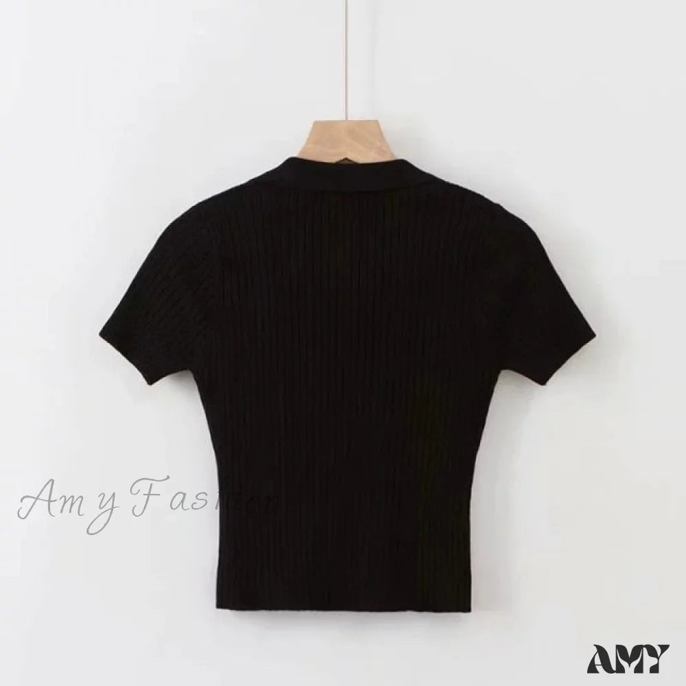Amy Fashion - Vintage Clothes Ribbed Solid T-Shirt Black / One Size