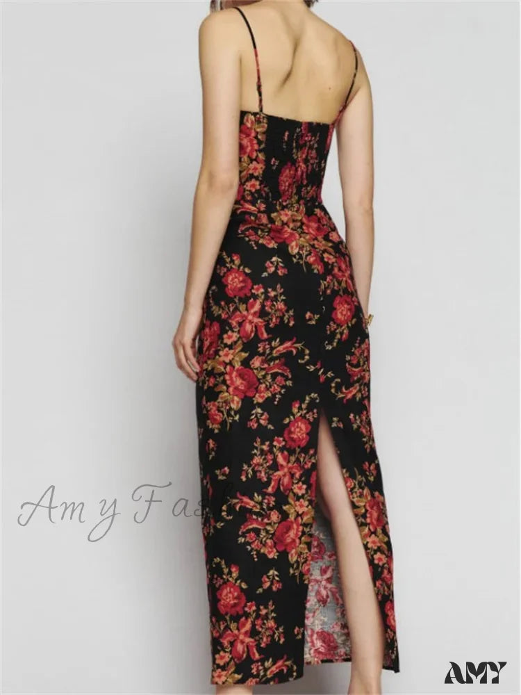 Amy Fashion - Vintage Floral Print For Women Sleeveless Spaghetti Strap Simmer Back Split Cocktail