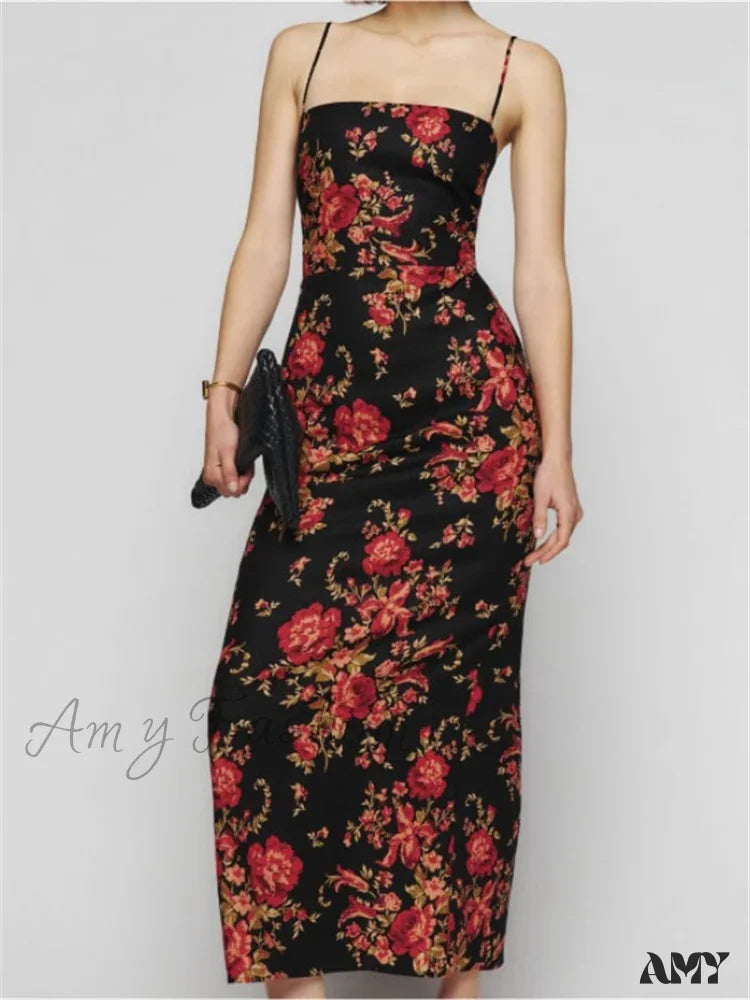 Amy Fashion - Vintage Floral Print For Women Sleeveless Spaghetti Strap Simmer Back Split Cocktail