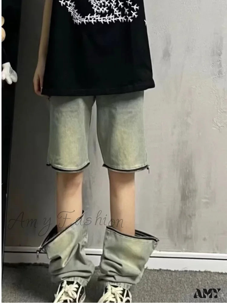 Amy Fashion - Vintage Knee Double Zipper Detachable Street Burst Straight Jean Yellow Mud Color / S