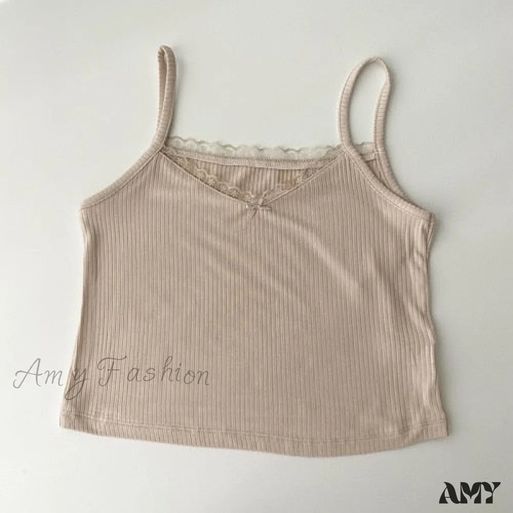 Amy Fashion - Vintage Lace Slim Cute Tops Apricot / One Size