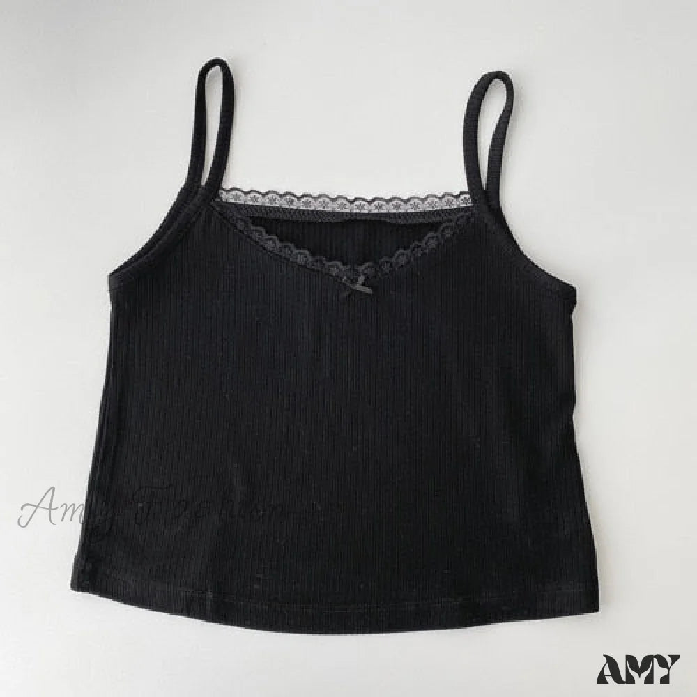 Amy Fashion - Vintage Lace Slim Cute Tops Black / One Size