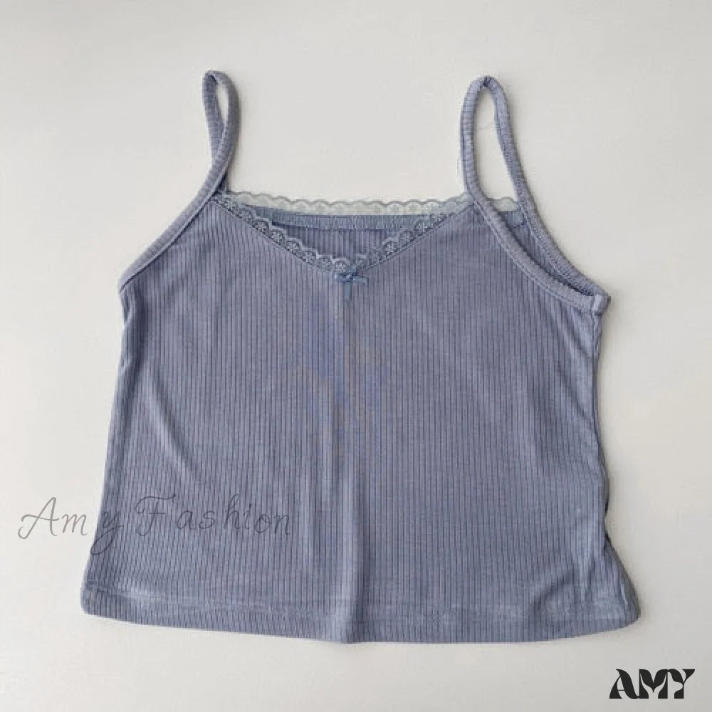 Amy Fashion - Vintage Lace Slim Cute Tops Blue / One Size
